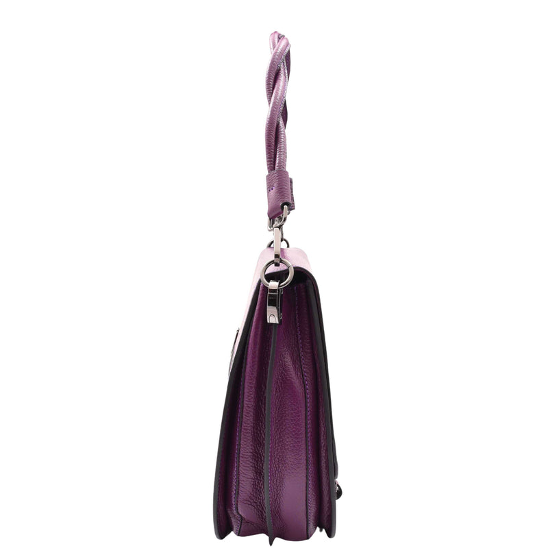 Womens Large Satchel Cross Body Leather Bag Zip Strap ALICIA Purple 3