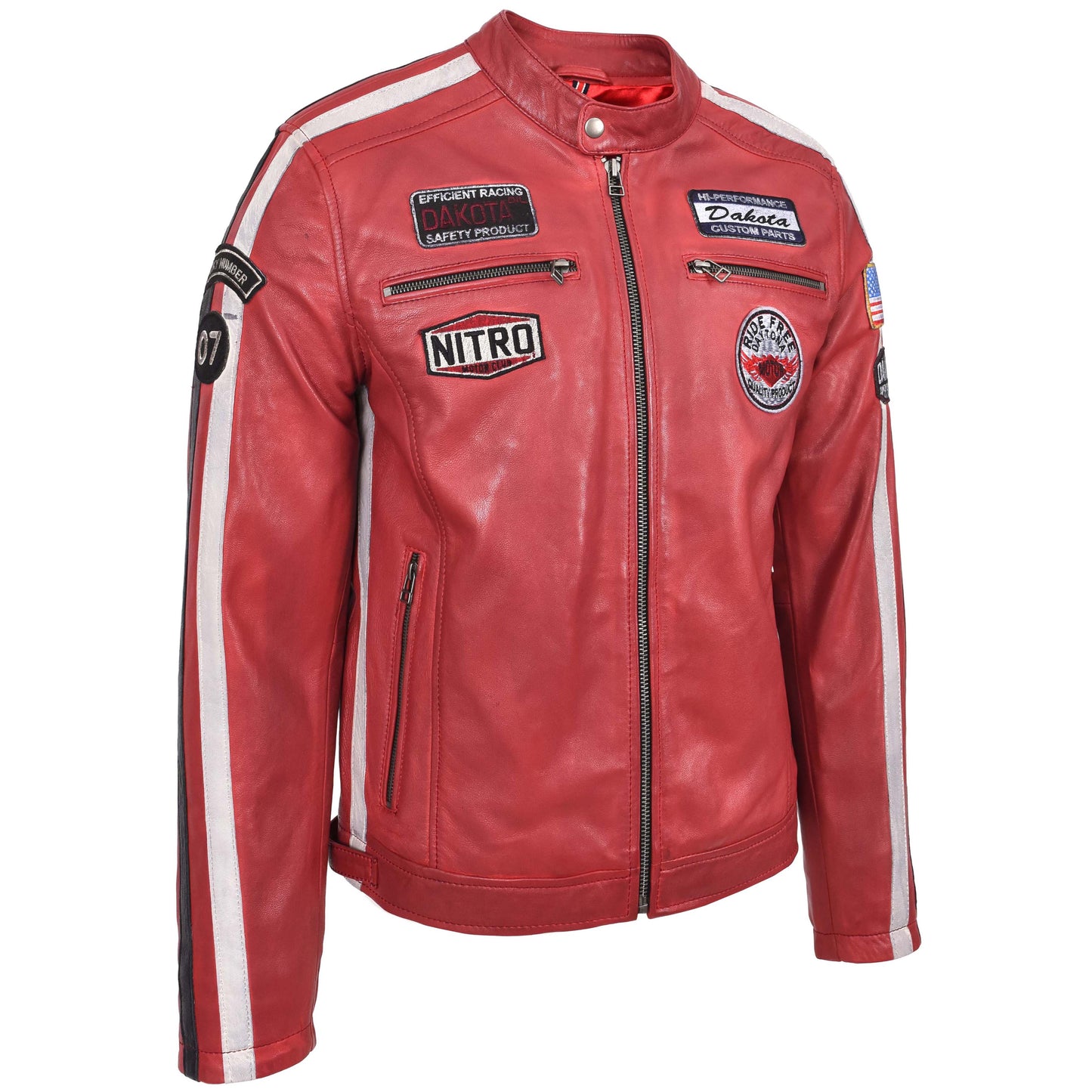 Mens Leather Biker Jacket Motorsport Logos Bobby Red 3