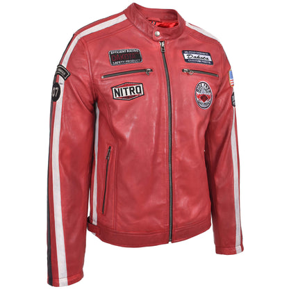 Mens Leather Biker Jacket Motorsport Logos Bobby Red 3