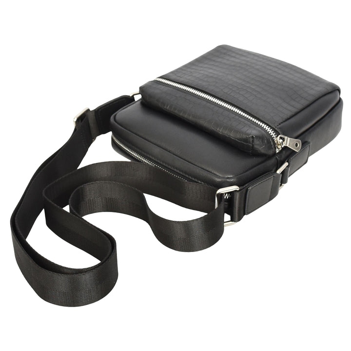 Mens Real Leather Croc-Print Crossbody Bag Casual Messenger Flight Pouch Delmon Black