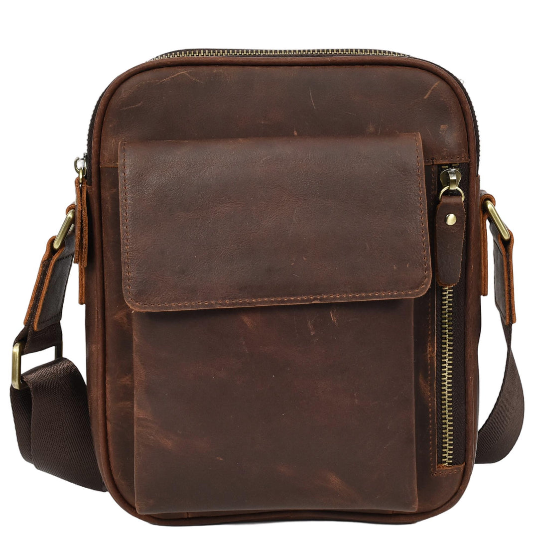 Mens Real Leather Cross Body bag Medium Multi-Pocket Travel Organiser Pouch Rovigo Rust Brown