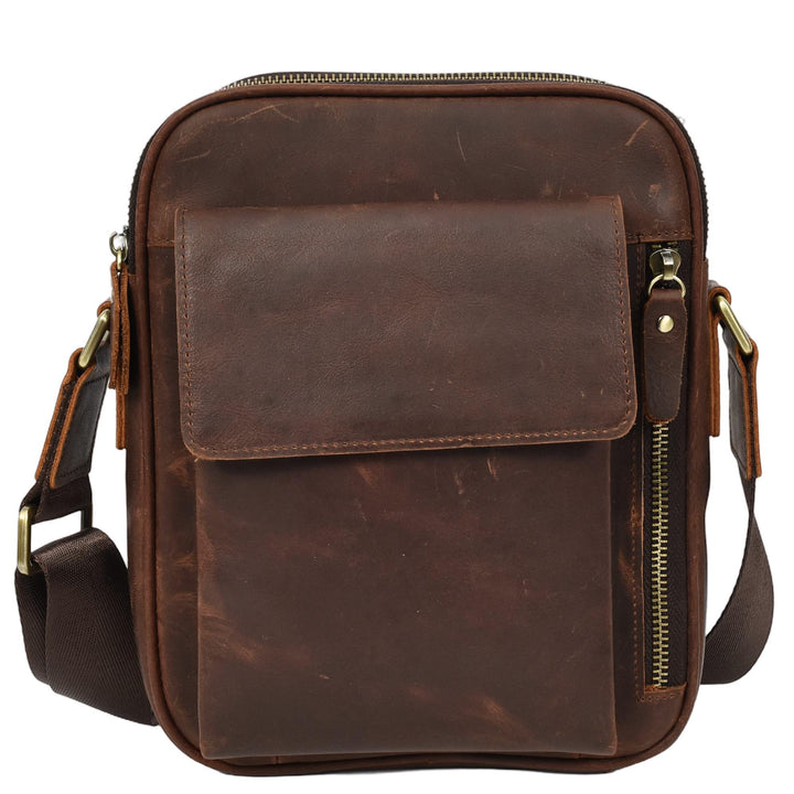 Mens Real Leather Cross Body bag Medium Multi-Pocket Travel Organiser Pouch Rovigo Rust Brown