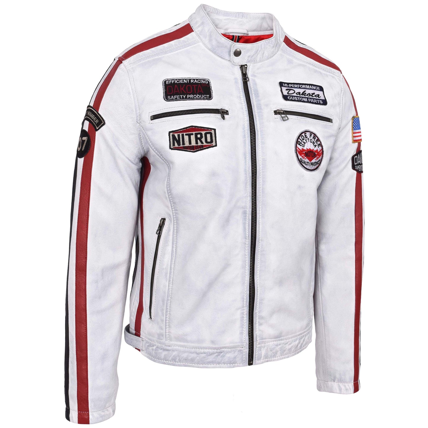 Mens Leather Biker Jacket Motorsport Logos Bobby Vintage White 3