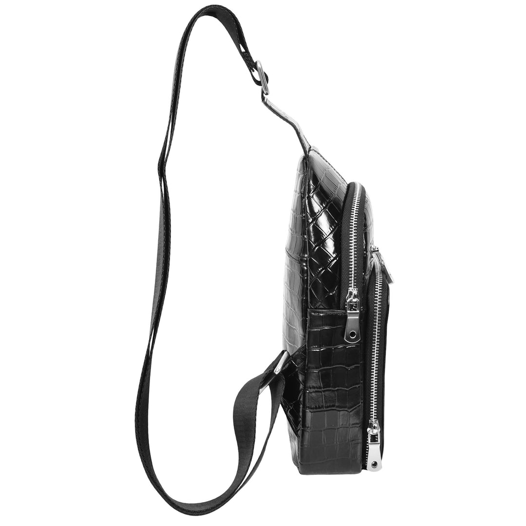 Men's Leather Sling Bag Crossbody Chest Pack Croc-Embossed Alden Black 3