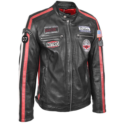 Mens Leather Biker Jacket Motorsport Logos Bobby Black 4