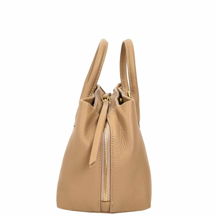 Women's Leather Structured Tote Handbag Detachable Strap Ingrid Tan 3
