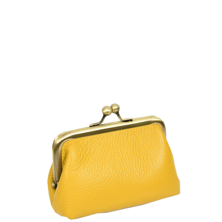 Womens Real Leather Small Coin Purse with Kiss Lock Closure HOL2205 Yellow