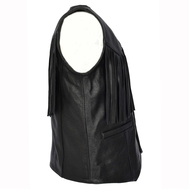 Men's Cowhide Leather Biker Waistcoat Fringe's Western Vest Warden Black 3