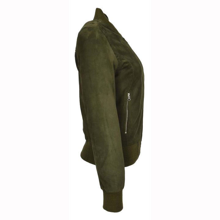 Womens Real Goat Suede Bomber MA-1 Jacket Faye Khaki Green 3