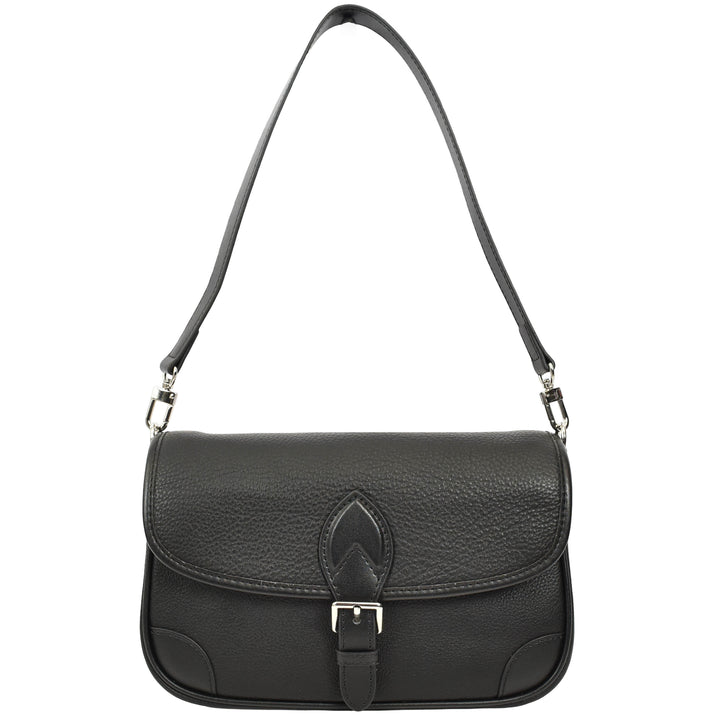 Women's Leather Classic Shoulder Bag Casual Style with Multiple Straps Capri Black