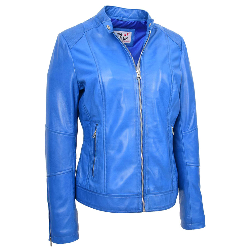 Womens Real Leather Biker Jacket Zip up Casual Connie Blue 3