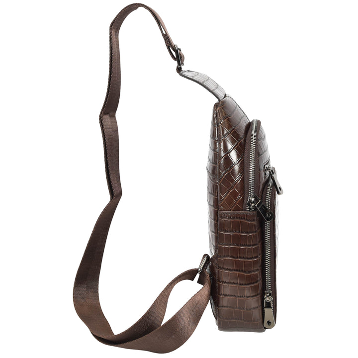 Men's Leather Sling Bag Crossbody Chest Pack Croc-Embossed Alden Brown 3