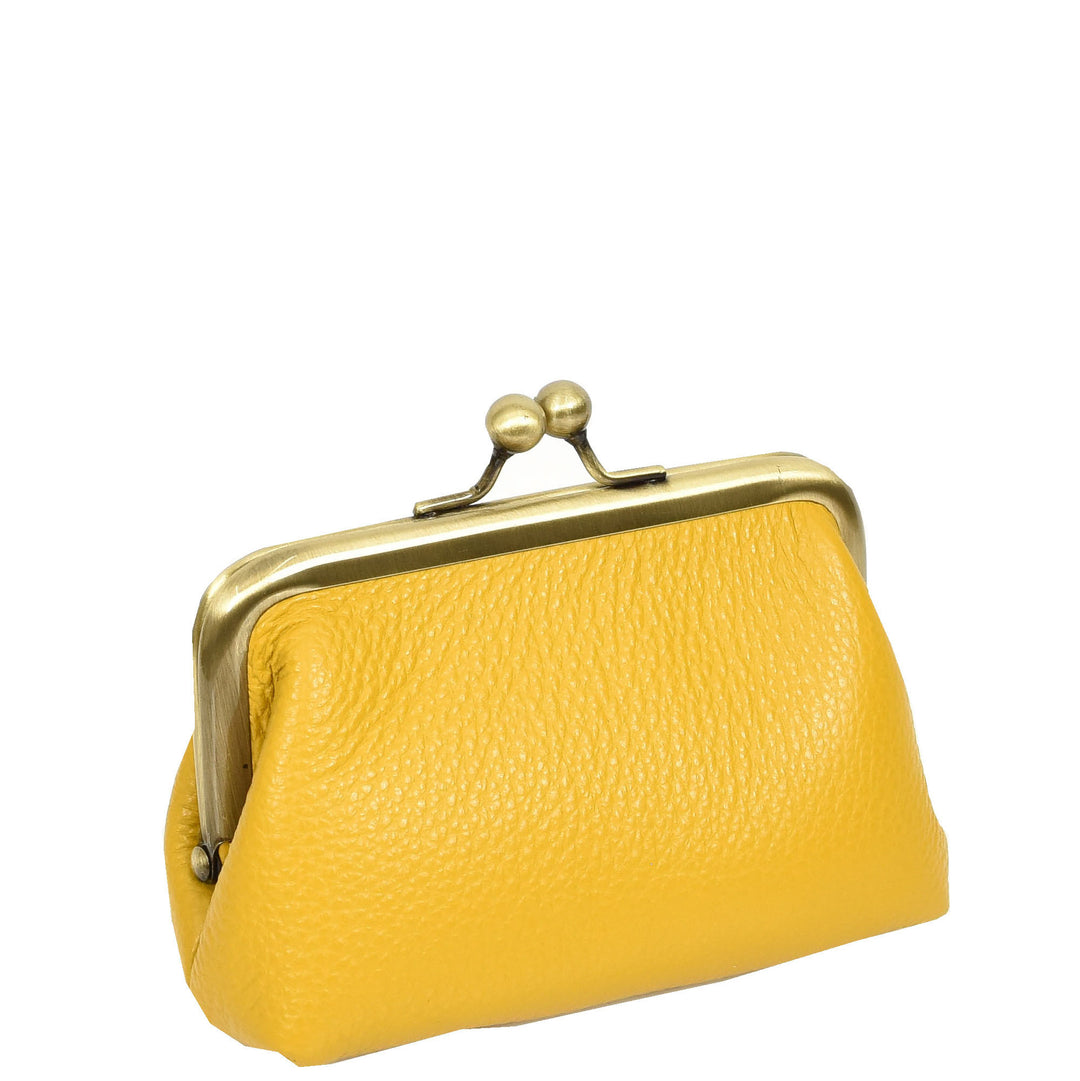Womens Real Leather Small Coin Purse with Kiss Lock Closure HOL2205 Yellow