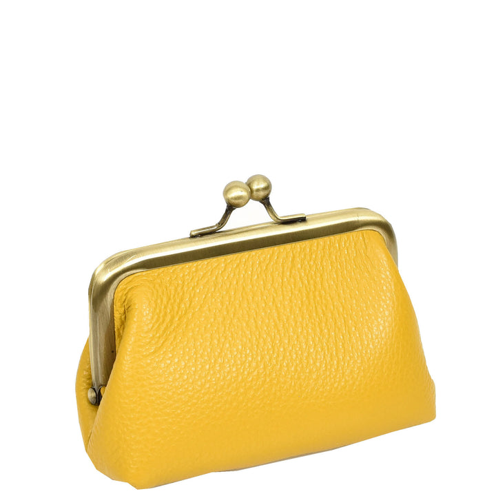 Womens Real Leather Small Coin Purse with Kiss Lock Closure HOL2205 Yellow