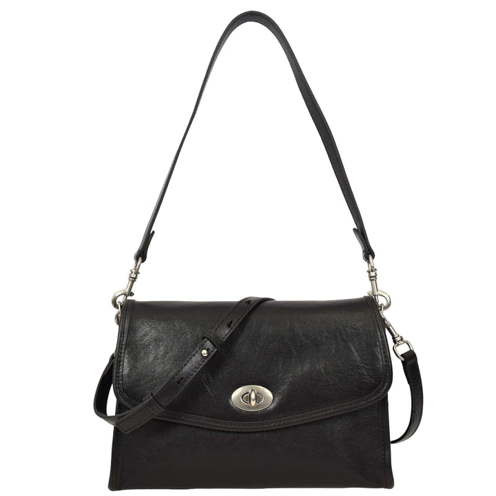 Women's Genuine Leather Flap-Over Crossbody Shoulder Bag with 2-in-1 Style Arden Black