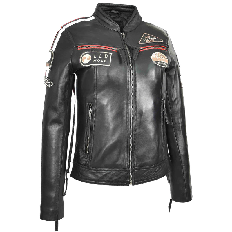 Ladies Leather Cafe Racer Biker Jacket Motorcycle Badges Rosa Black 3