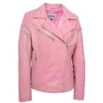 Womens Real Leather Biker Jacket Cross Zip Pockets Cherry Pink 3