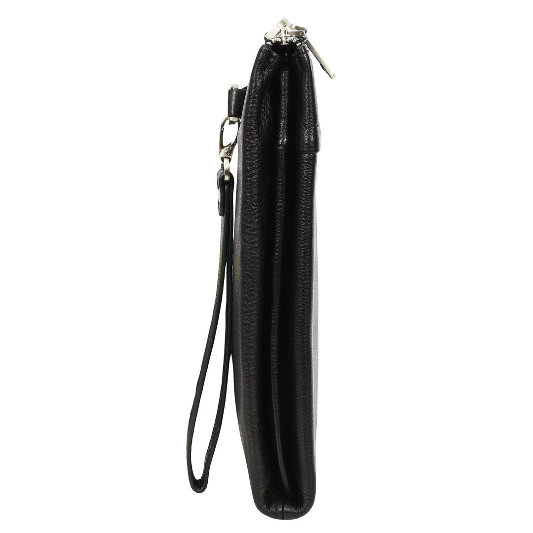 Real Leather Zip Around Folio Bag Underarm Documents Tablet Organiser Kylo Black