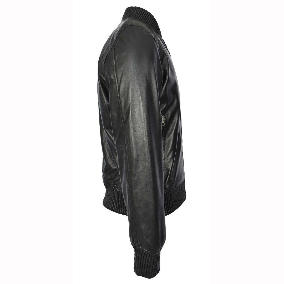 Mens Real Soft Leather Bomber Jacket MA-1 Varsity Style Torque Black 3