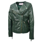 Womens Leather Casual Biker Jacket Cross Zip Shelly Green 3