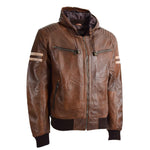 Mens Real Leather Bomber Zip up Detachable Hoodie Jacket Dallas Cognac 3