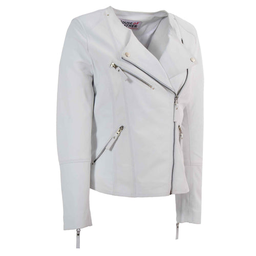 Womens Leather Casual Biker Jacket Cross Zip Shelly Off White 1