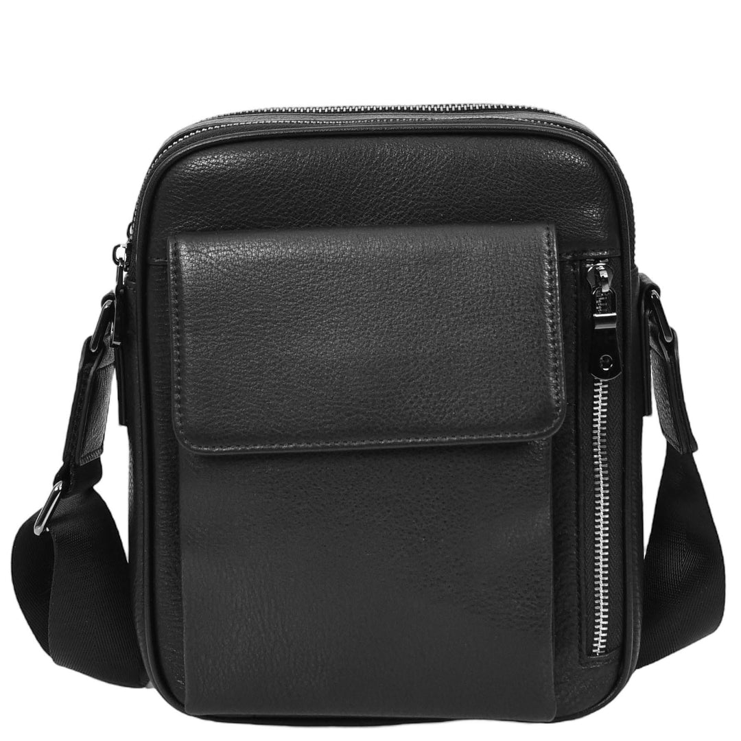 Mens Real Leather Cross Body bag Medium Multi-Pocket Travel Organiser Pouch Rovigo Black
