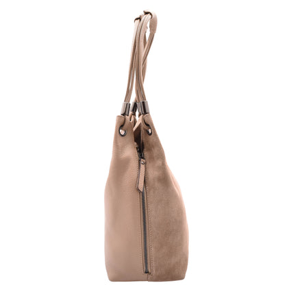 Womens Leather Suede Shoulder Bag Zip Large Taupe Hobo Audrey 3