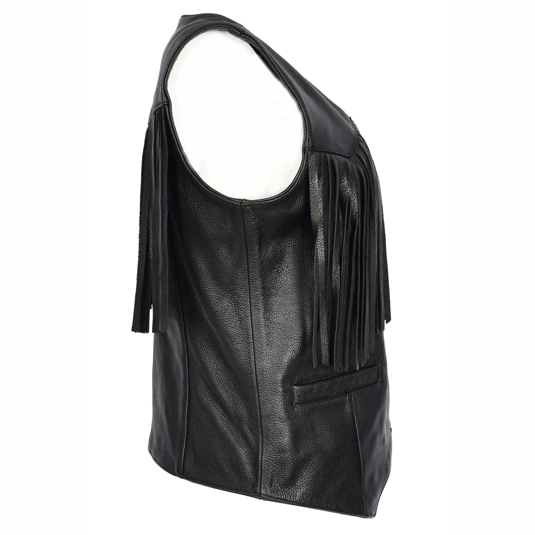 Women's Black Cowhide Leather Waistcoat Rider Biker Style with Fringe Details, Raven