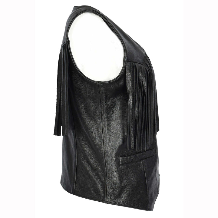 Women's Black Cowhide Leather Waistcoat Rider Biker Style with Fringe Details, Raven