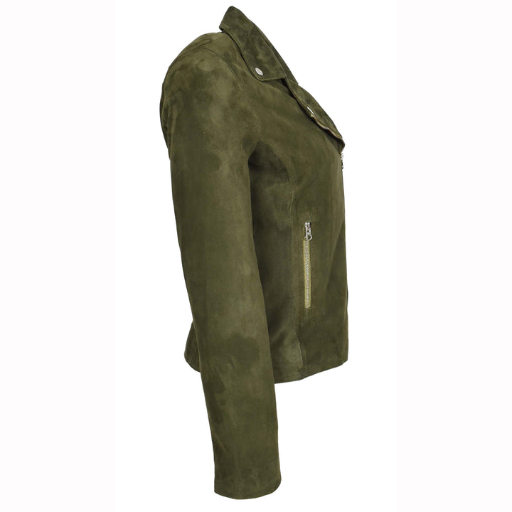 Women's Genuine Goat Suede Biker Jacket Lola Olive Green 3