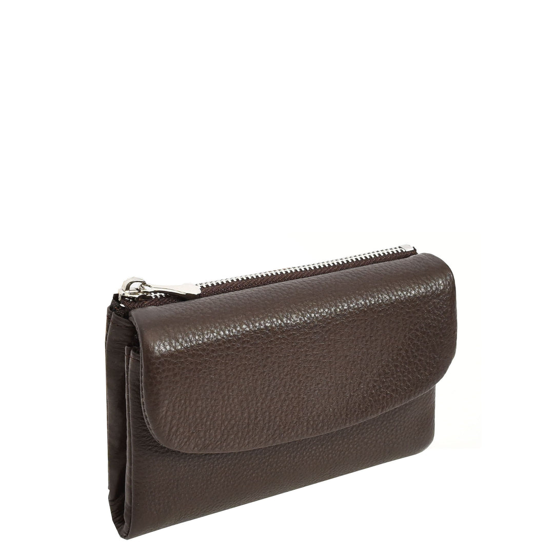 Womens Real Leather Bi-fold Purse Compact Wallet HOL3033 Coffee