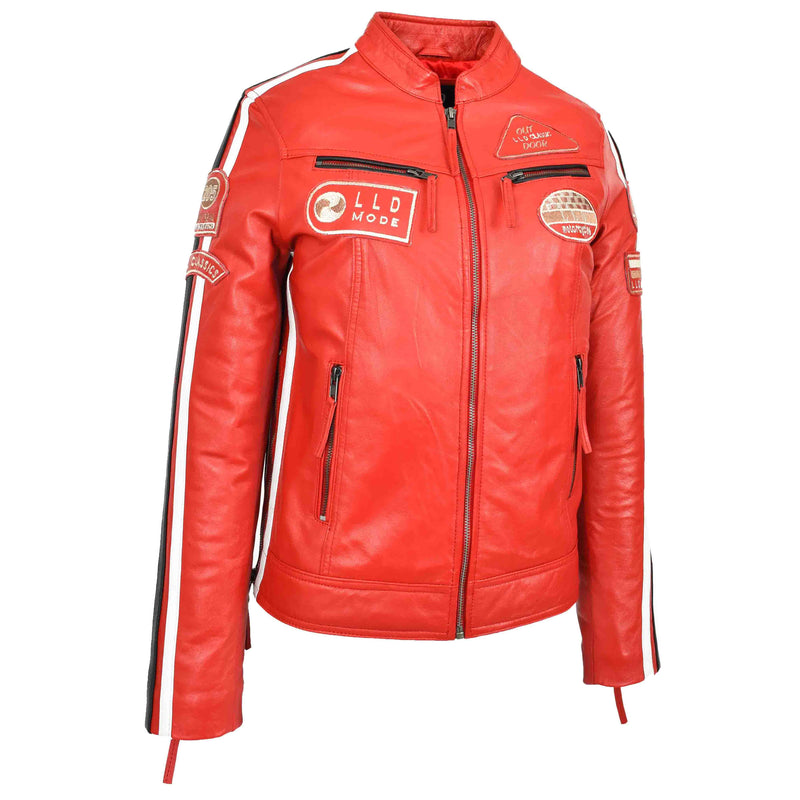 Ladies Leather Cafe Racer Biker Jacket Motorcycle Badges Rosa Red 3