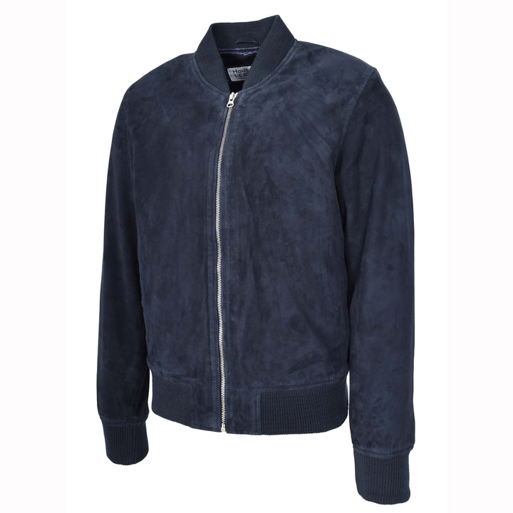 Mens Real Goat Suede Bomber Jacket MA-1 Varsity Design Ryan Navy Blue