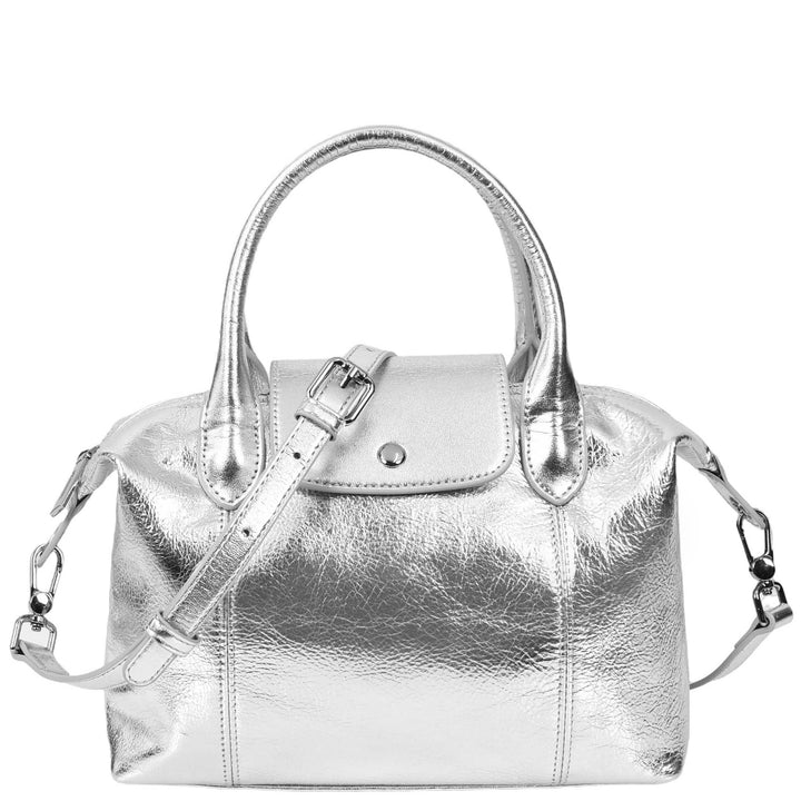 Womens Real Leather Handbag Small Top-Handle Tote Style Quinn Silver-1