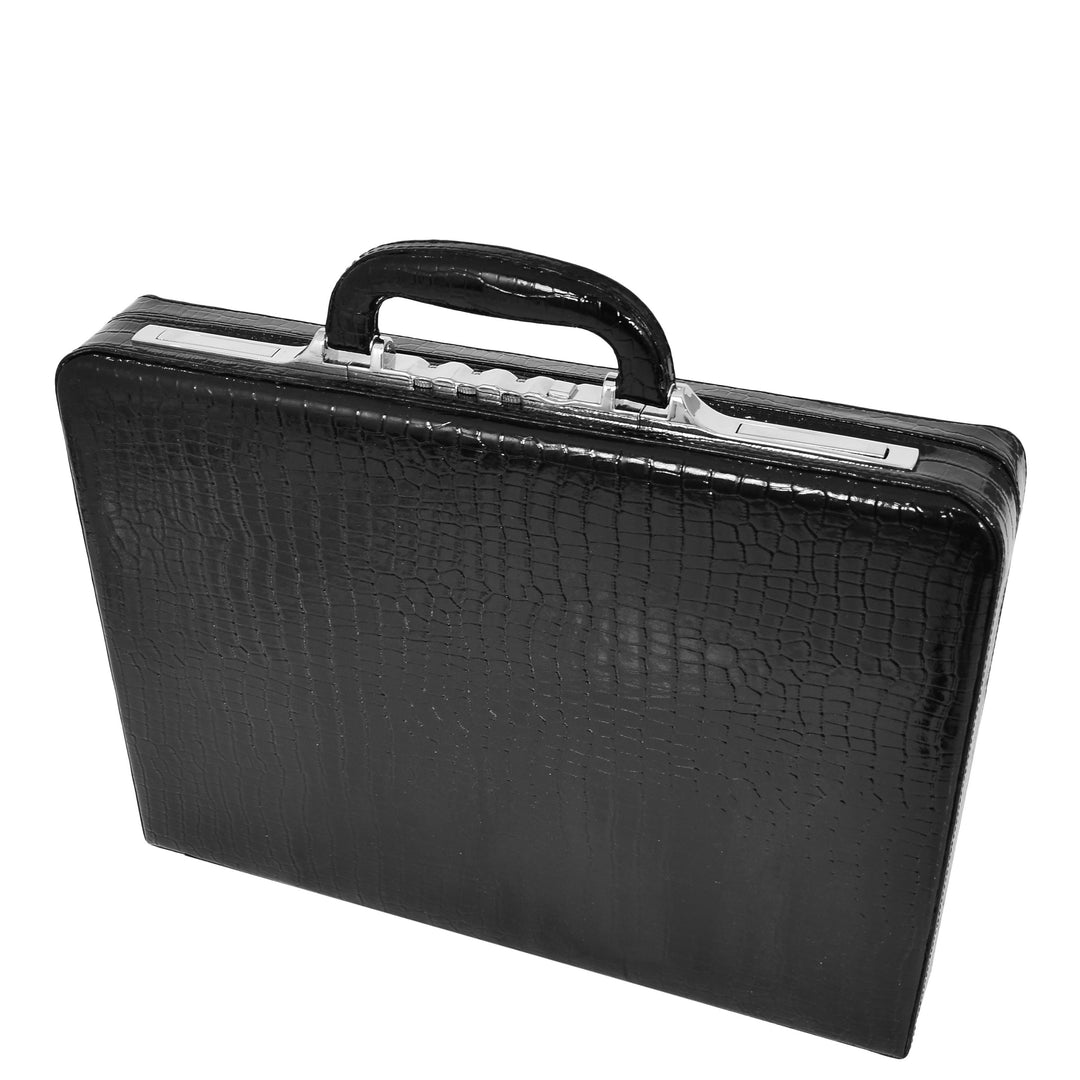 Croc-Print Black Leather Classic Attaché Briefcase Bag Slim Line Dual Lock HOL87