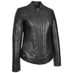 Womens Real Leather Slim Fit Biker Standing Collar Style Jacket Nibi Black-4