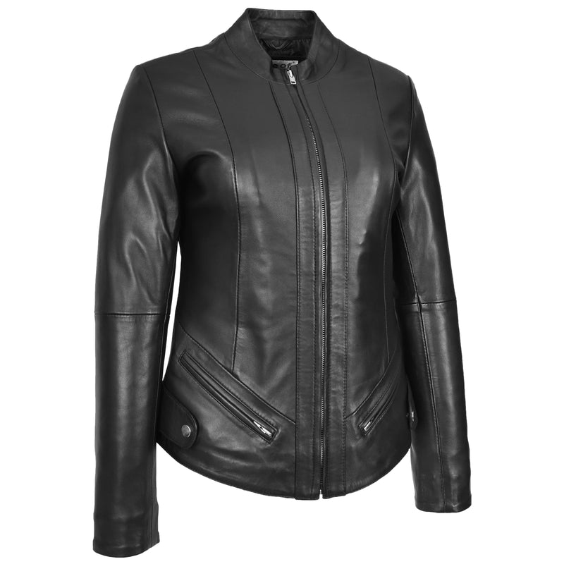 Womens Real Leather Slim Fit Biker Standing Collar Style Jacket Nibi Black-4