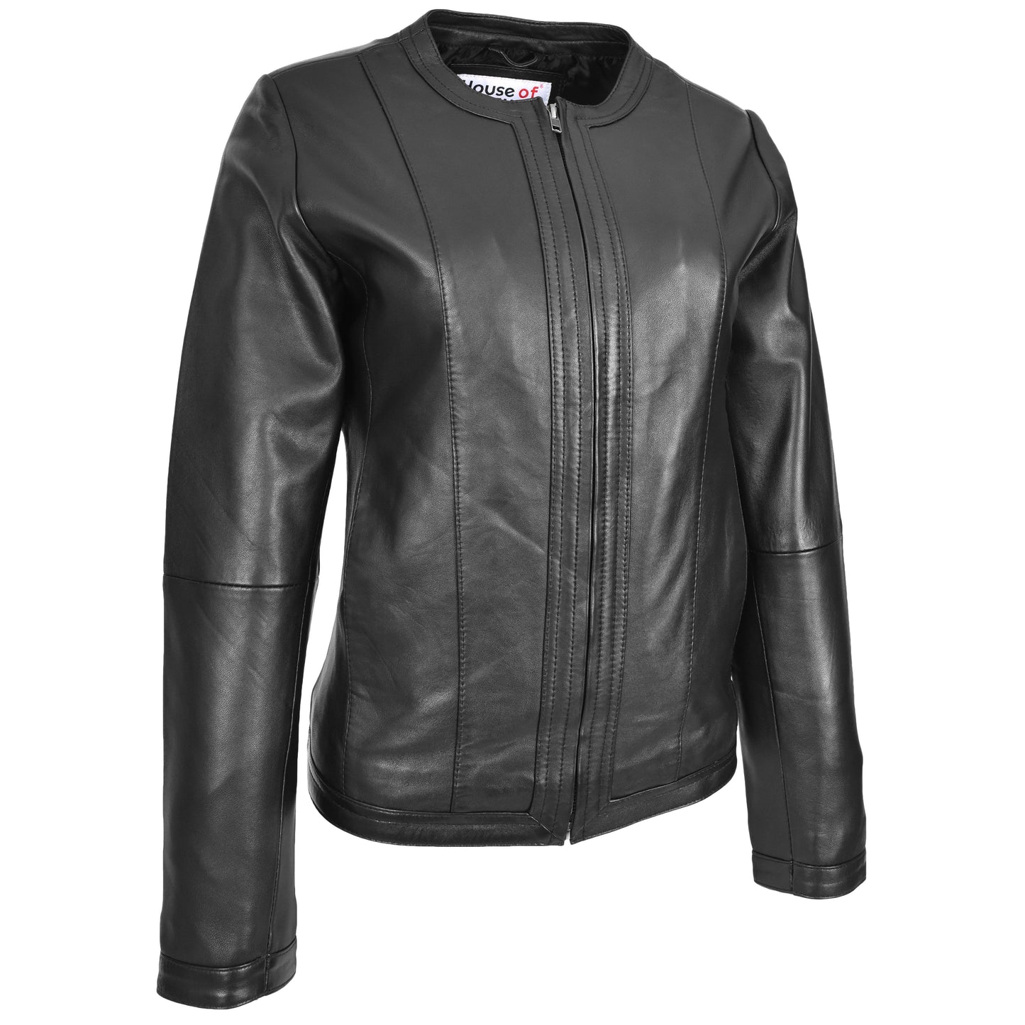 Womens Real Leather Collarless Fashion Jacket Slim Fit Style Clara Black-4