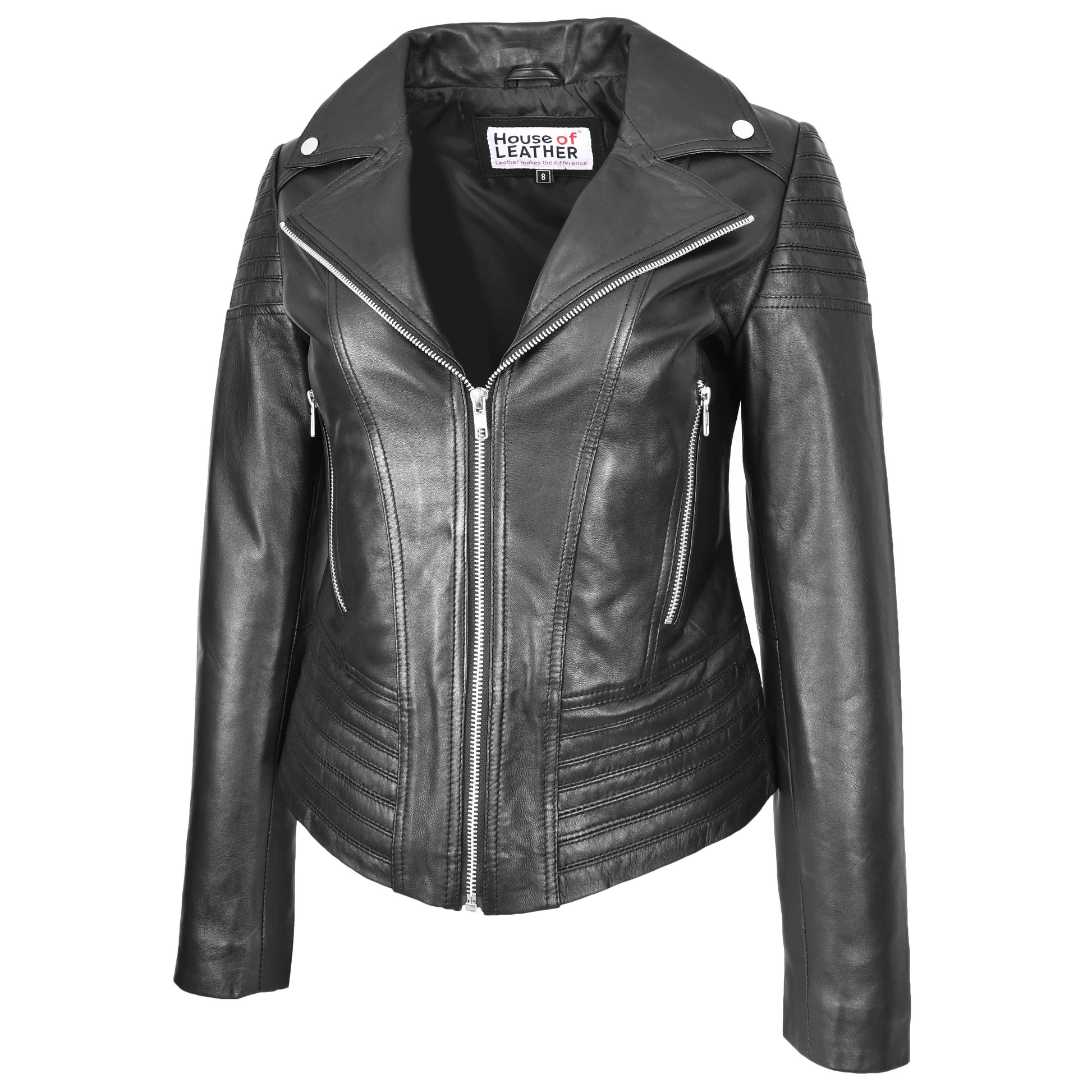 Womens Real Leather Biker Jacket Trendy Fitted Casual Style Emily Black-4