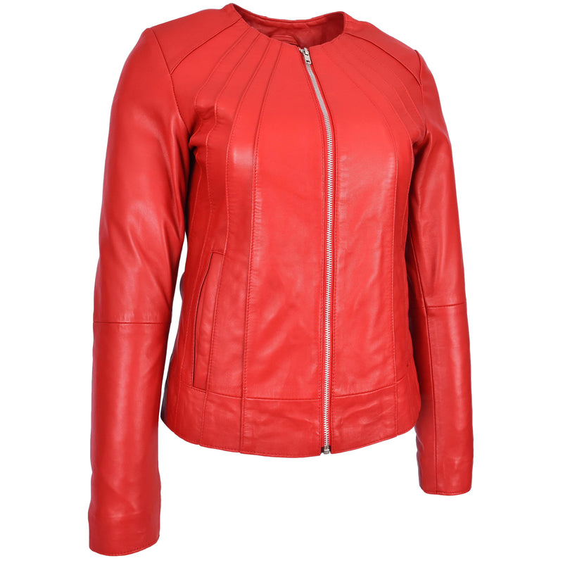 Womens Real Leather Collarless Jacket Classic Style Lottie Red-4