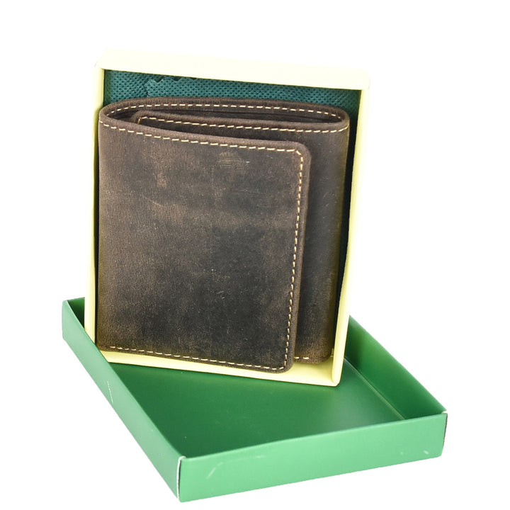 Mens Real Leather Tri-fold Wallet Credit Cards Banknotes ID Card RFID Blocking HOL700 Oil Brown