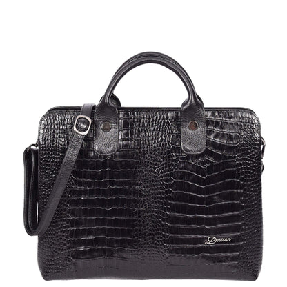 Womens Real Leather Croc-Print Shoulder Bag A4 Size Business Handbag Millie Black-4