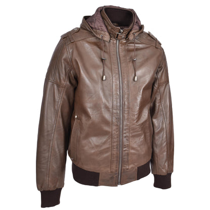 Mens Real Leather Bomber Jacket Trendy Removable Hood Style Reggie Brown-4