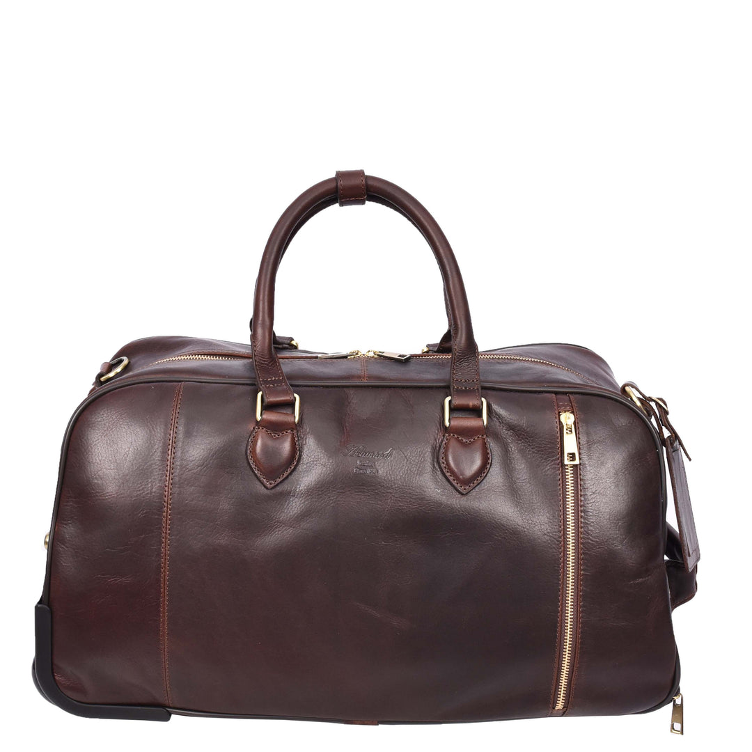 Genuine Leather Wheeled Holdall Duffel Weekend Overnight Bag Whitby Brown-5