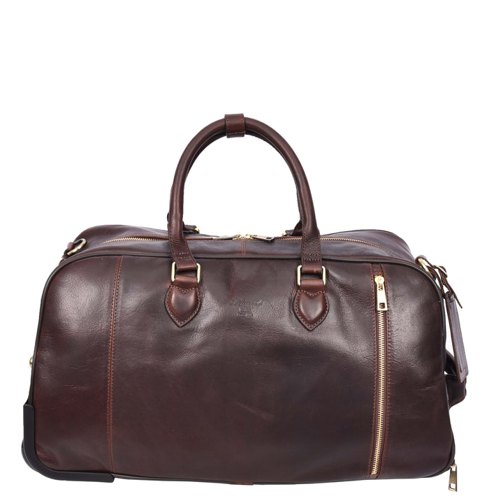 Genuine Leather Wheeled Holdall Duffel Weekend Overnight Bag Whitby Brown-5