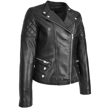 Womens Real Leather Biker Jacket Classic Cross Zip Style Molly Black-4