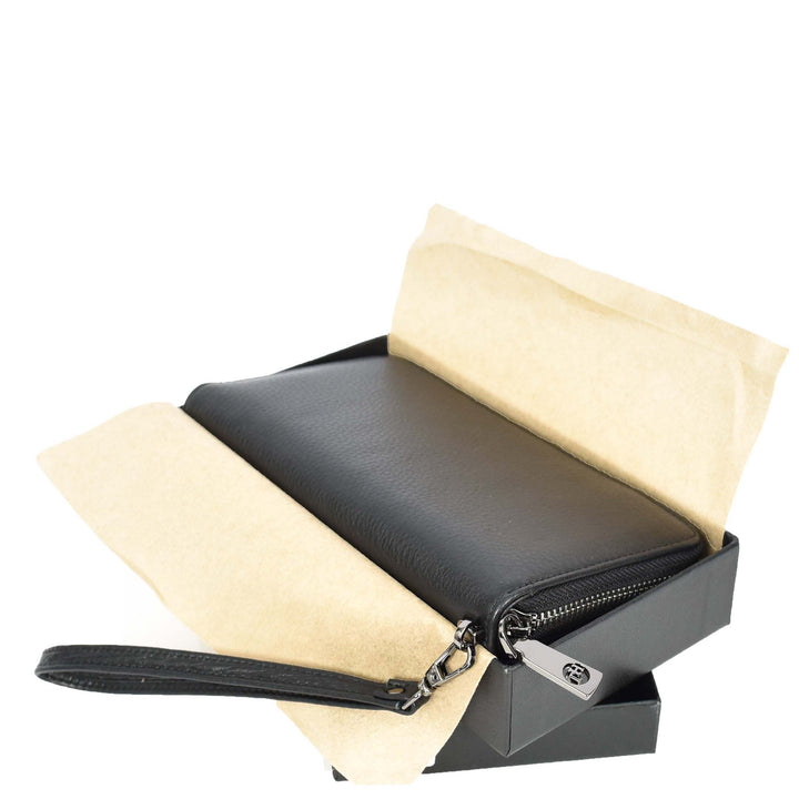 Genuine Leather Large Size Clutch Purse Coins Card Cash Travel Wallet Lorca Black