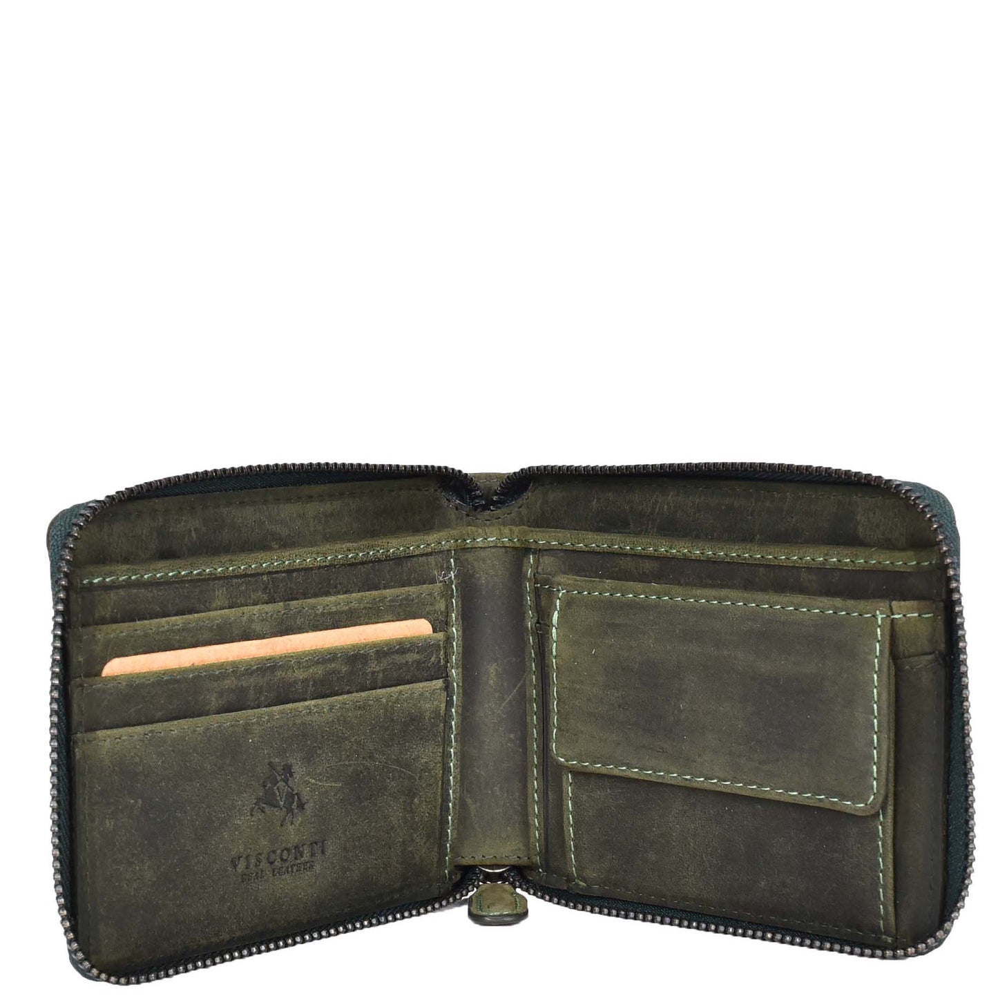 Mens Real Leather Hunter Zip Oiled Leather Wallet RFID HOL2207 Green-44