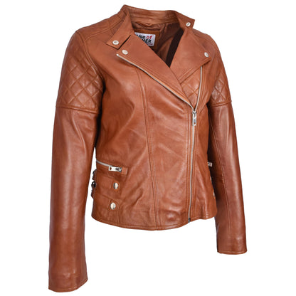 Womens Real Leather Biker Jacket Classic Cross Zip Style Molly Chestnut Tan-4